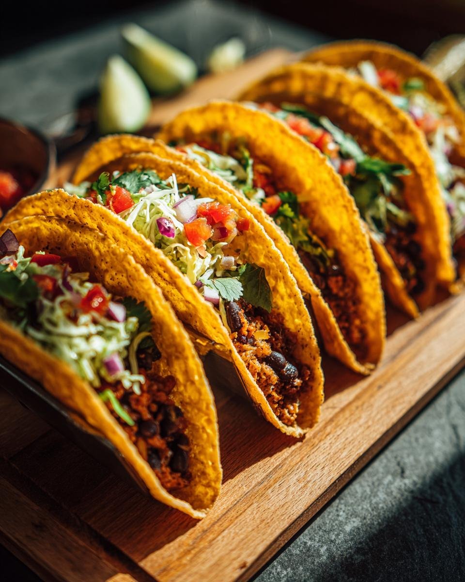 A row of appetizing Turkey and Black Bean Tacos filled with fresh toppings on a wooden board.