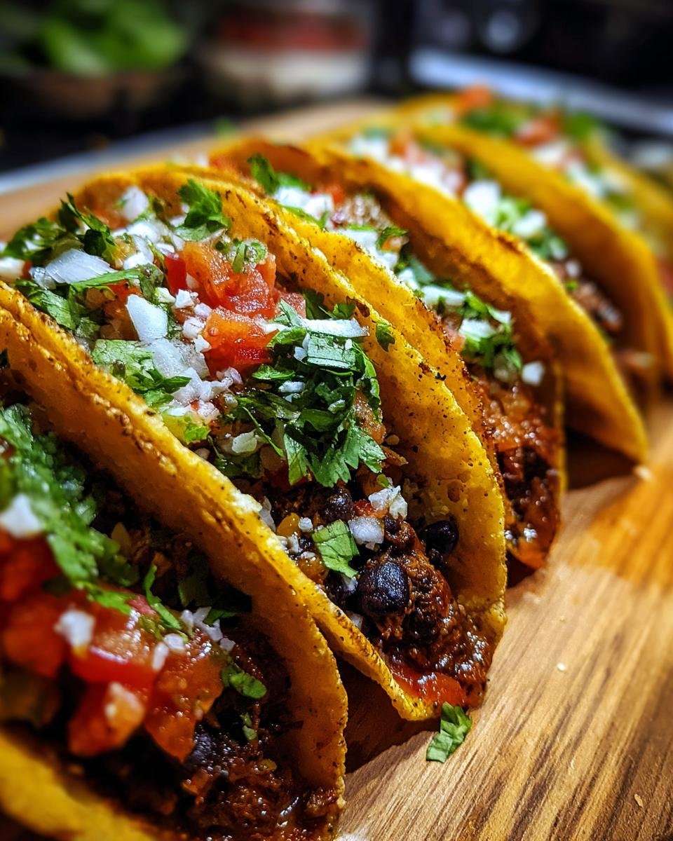 A row of tasty Turkey and Black Bean Tacos with fresh toppings on a wooden board.