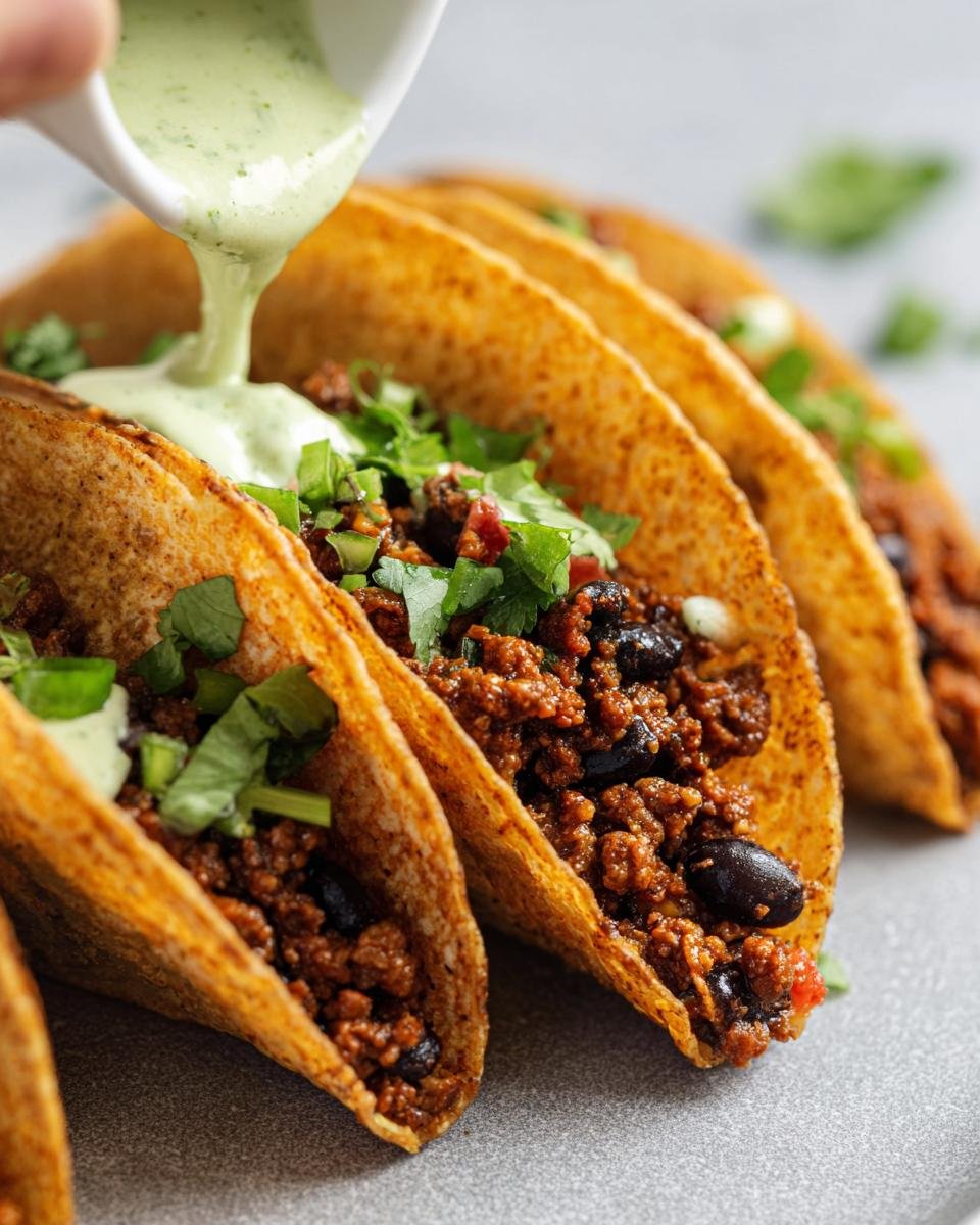 Close-up of Turkey and Black Bean Tacos being drizzled with a creamy green sauce and garnished with cilantro.
