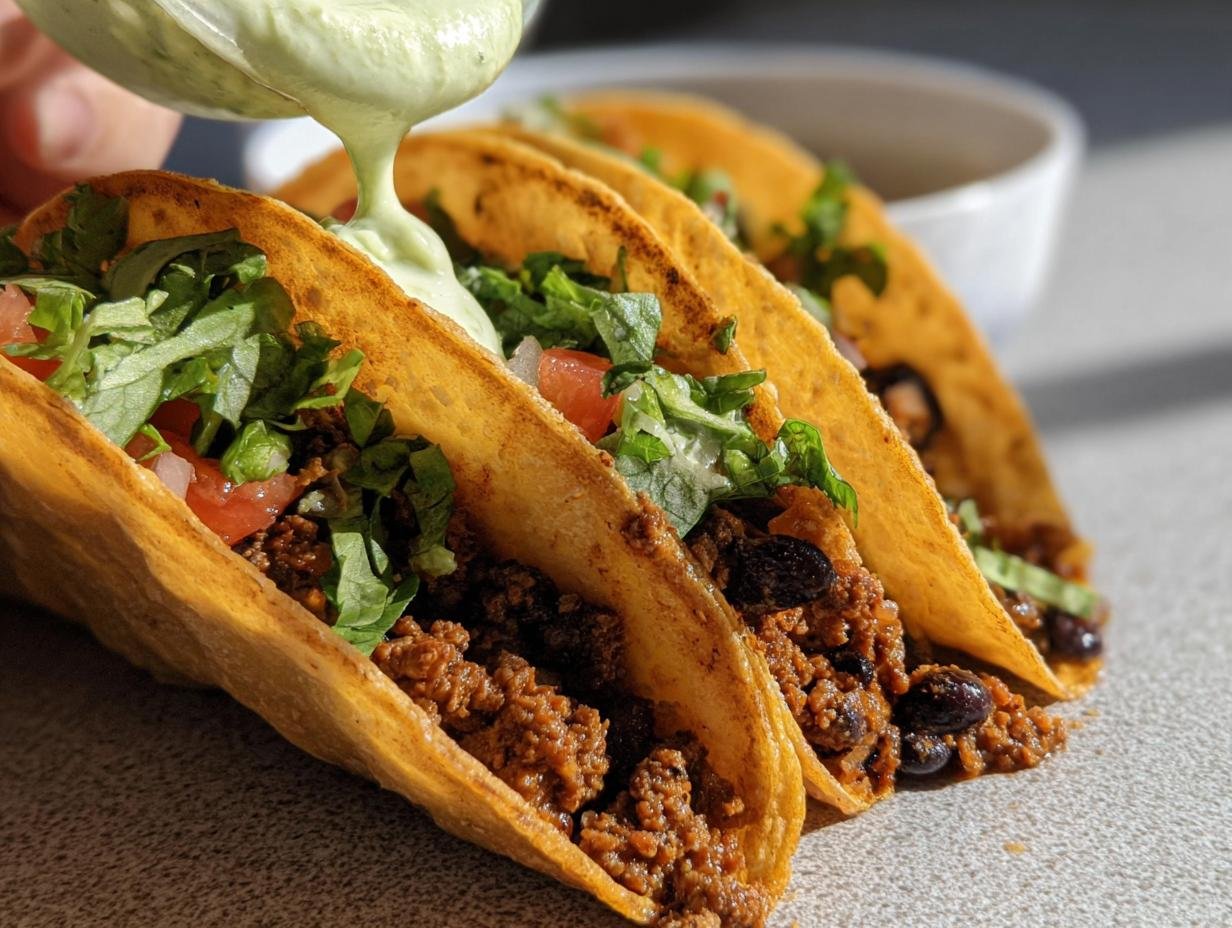 Three Turkey and Black Bean Tacos being drizzled with a creamy green sauce, filled with lettuce and tomatoes.