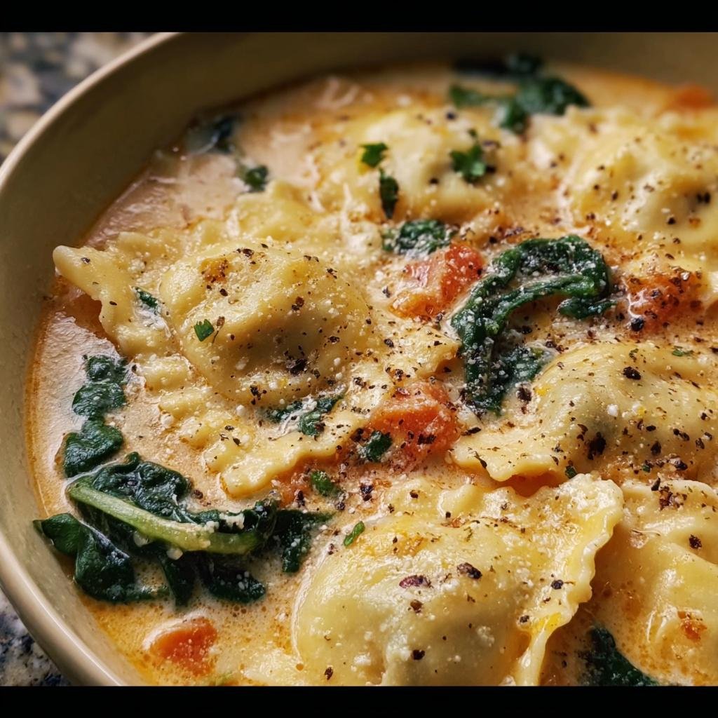 Close-up of a bowl of Tuscan Ravioli Soup with spinach, tomatoes, and creamy broth.