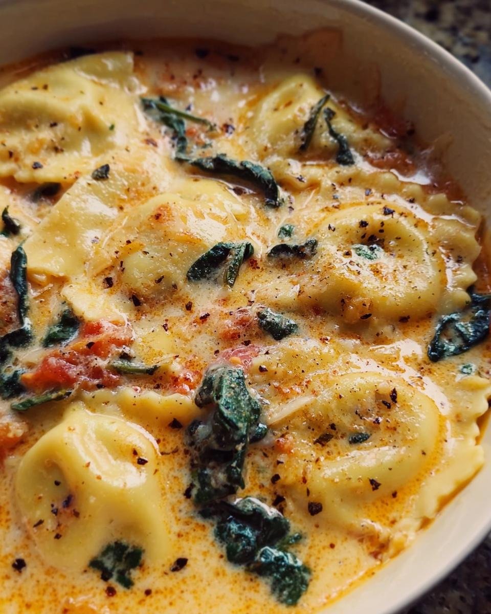 Close-up of a bowl of Tuscan Ravioli Soup with spinach and creamy broth.