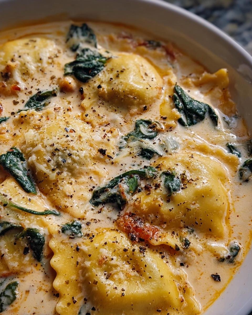 Close-up of a bowl of Tuscan Ravioli Soup with cheese ravioli, spinach, and creamy broth.