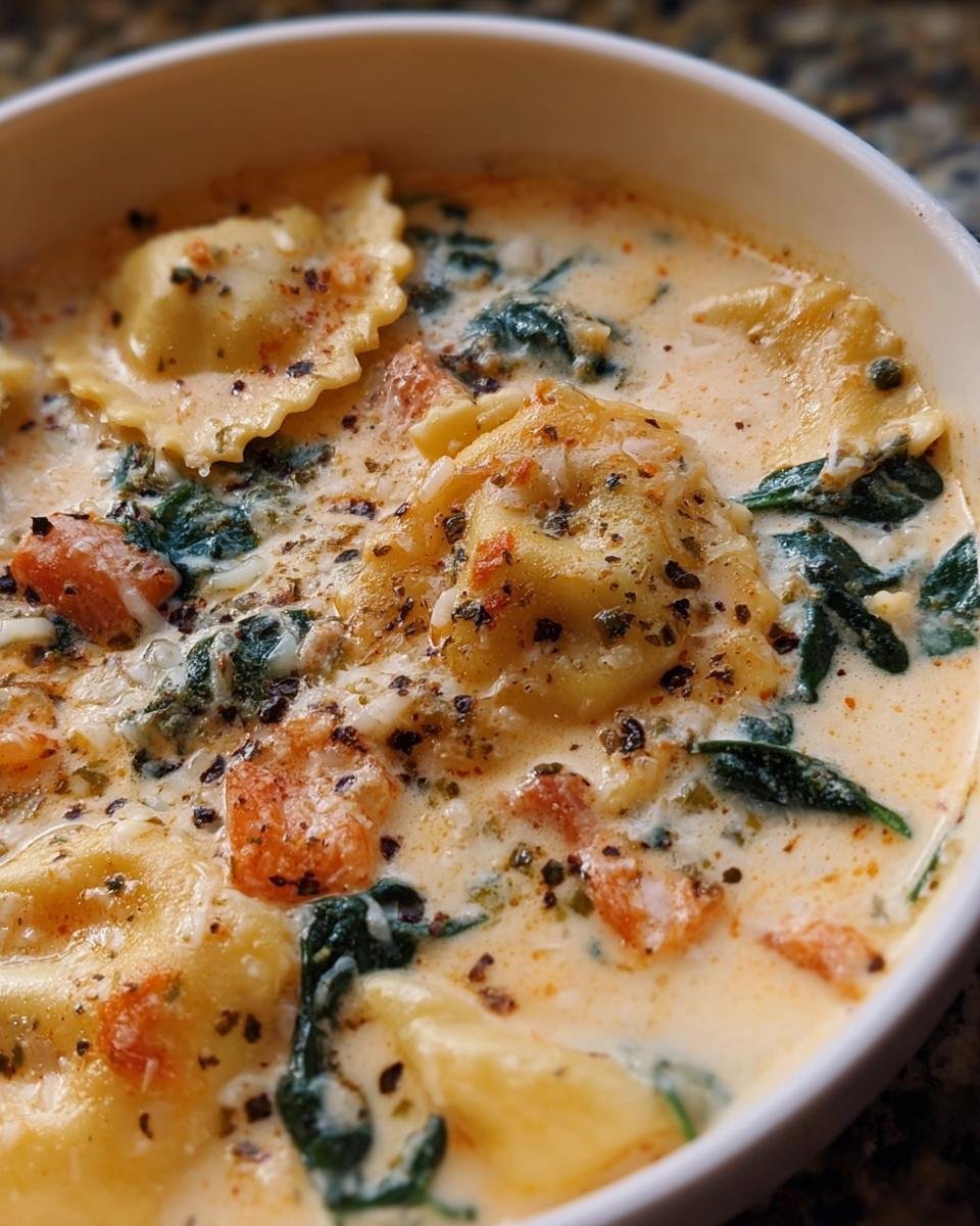 Close-up of a bowl of creamy Tuscan Ravioli Soup with ravioli, spinach, and tomatoes.