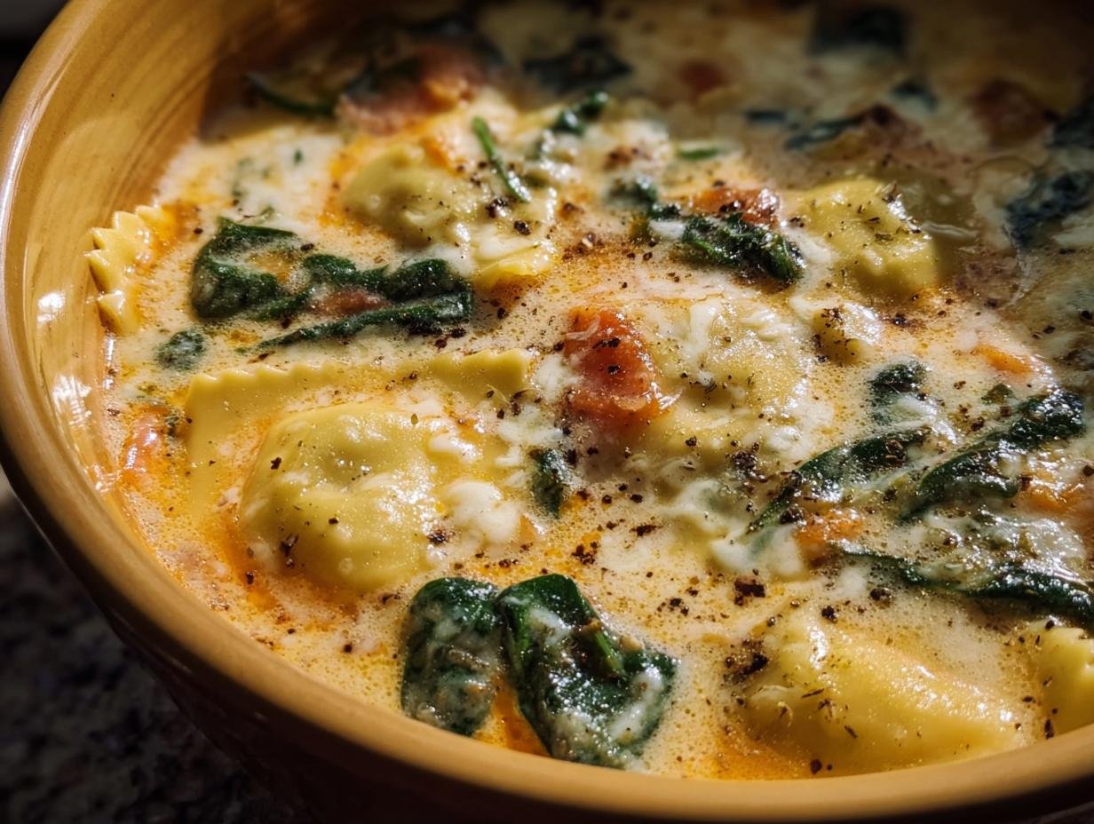 Close-up of a bowl of creamy Tuscan Ravioli Soup with spinach and tomatoes.
