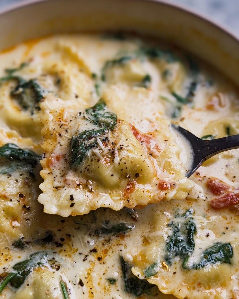 Close-up of Tuscan Ravioli Soup with spinach and tomatoes, being lifted with a spoon.