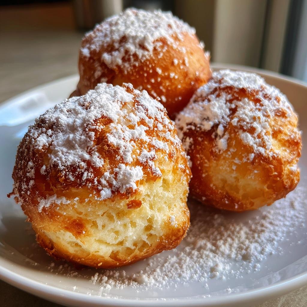 Three Vanilla French Beignets dusted with powdered sugar, served on a white plate.