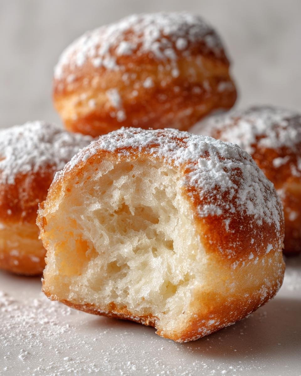 Close-up of Vanilla French Beignets For Breakfast, one with a bite taken, covered in powdered sugar.