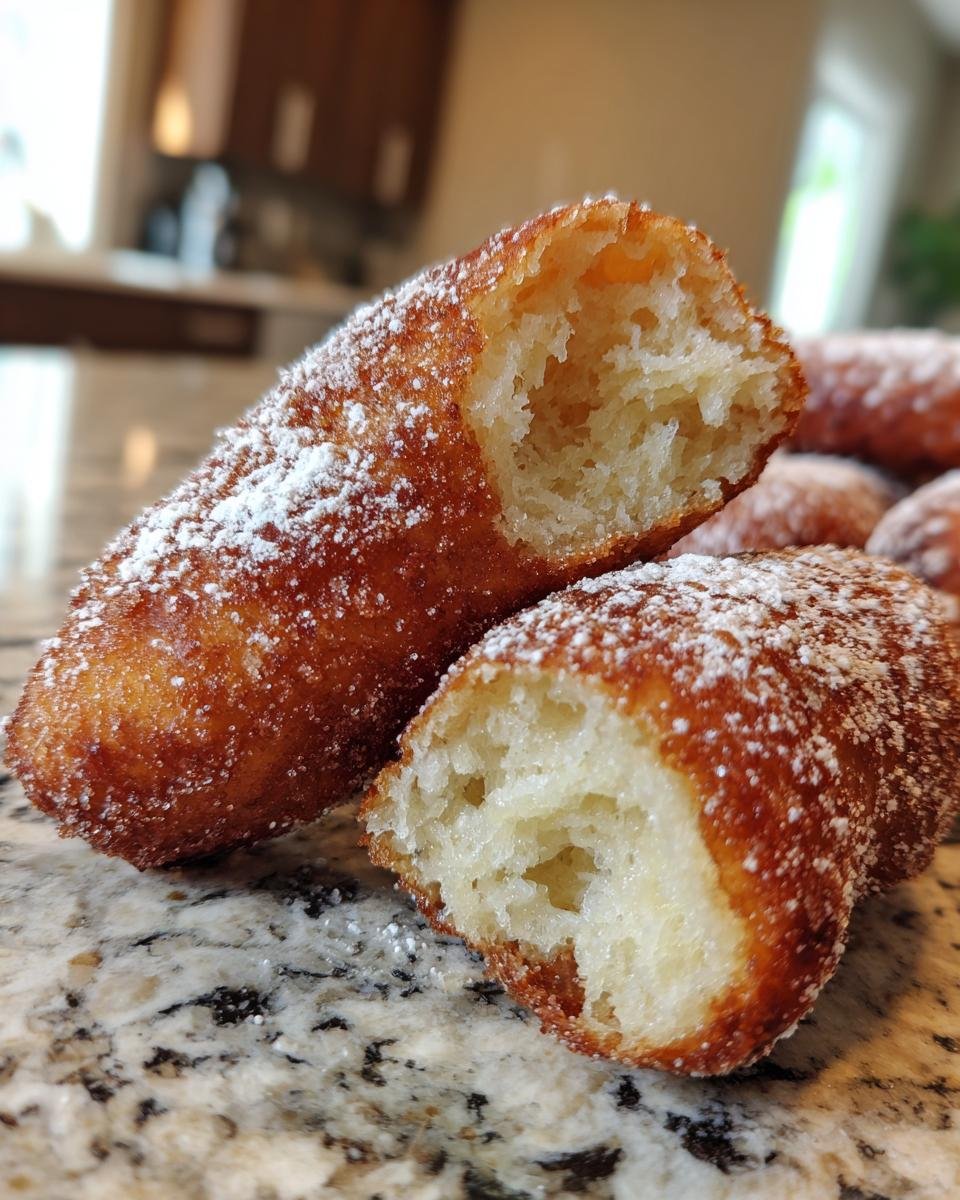 Close-up of Vanilla French Beignets For Breakfast, one cut open to show the fluffy inside, dusted with powdered sugar.