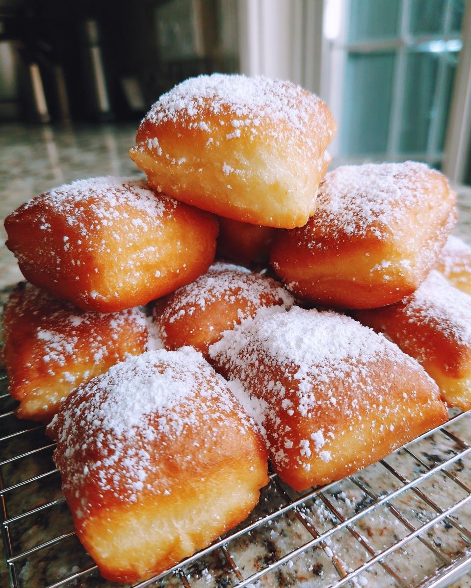 A stack of golden Vanilla French Beignets For Breakfast, generously dusted with powdered sugar on a wire rack.