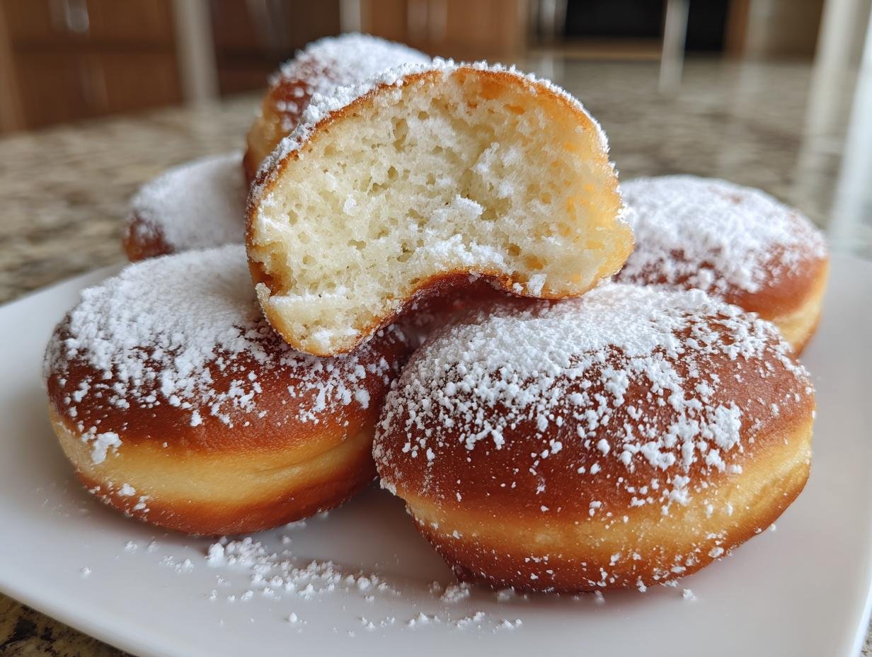 A stack of Vanilla French Beignets For Breakfast, dusted with powdered sugar, one with a bite taken out.