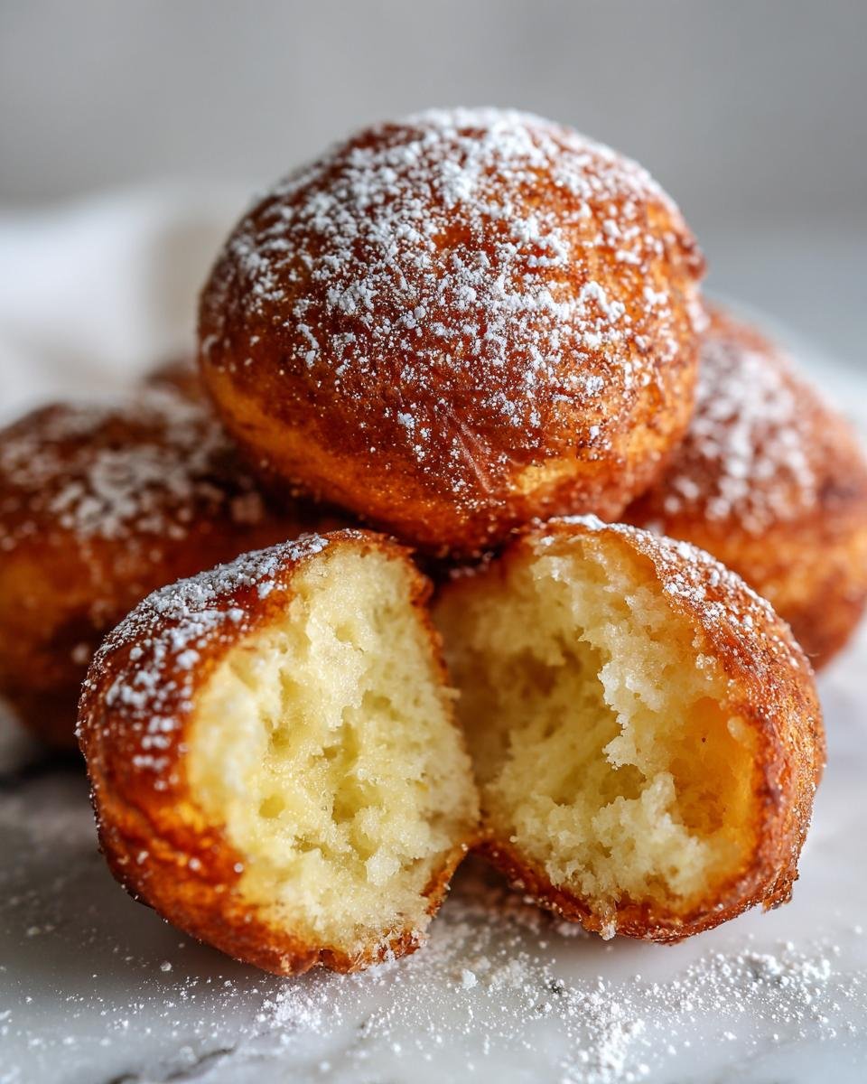 Close-up of Vanilla French Beignets dusted with powdered sugar, one beignet is split open to show the inside.
