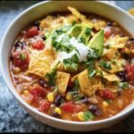 A bowl of Vegetarian Tortilla Soup, topped with tortilla chips, avocado, sour cream, and cilantro.