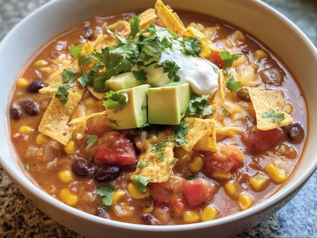A bowl of Vegetarian Tortilla Soup topped with avocado, sour cream, tortilla strips, and cilantro.