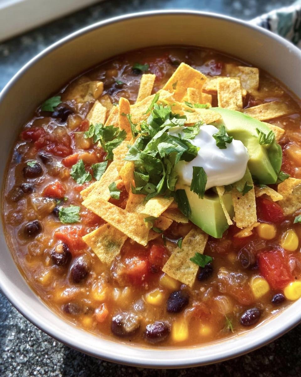 A bowl of Vegetarian Tortilla Soup, topped with tortilla strips, avocado, sour cream, and cilantro.