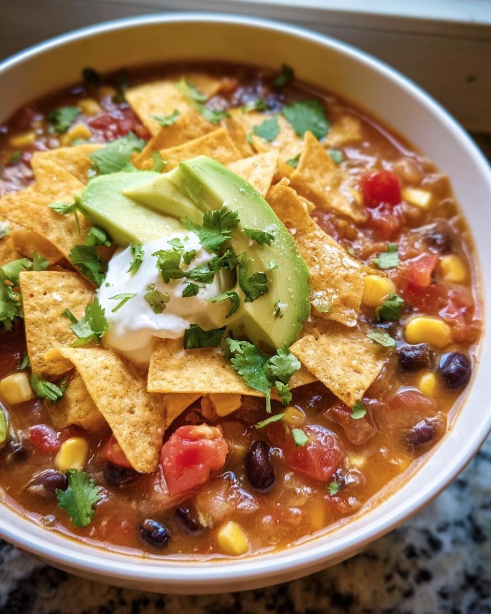 A bowl of Vegetarian Tortilla Soup topped with tortilla chips, avocado, sour cream, and cilantro.