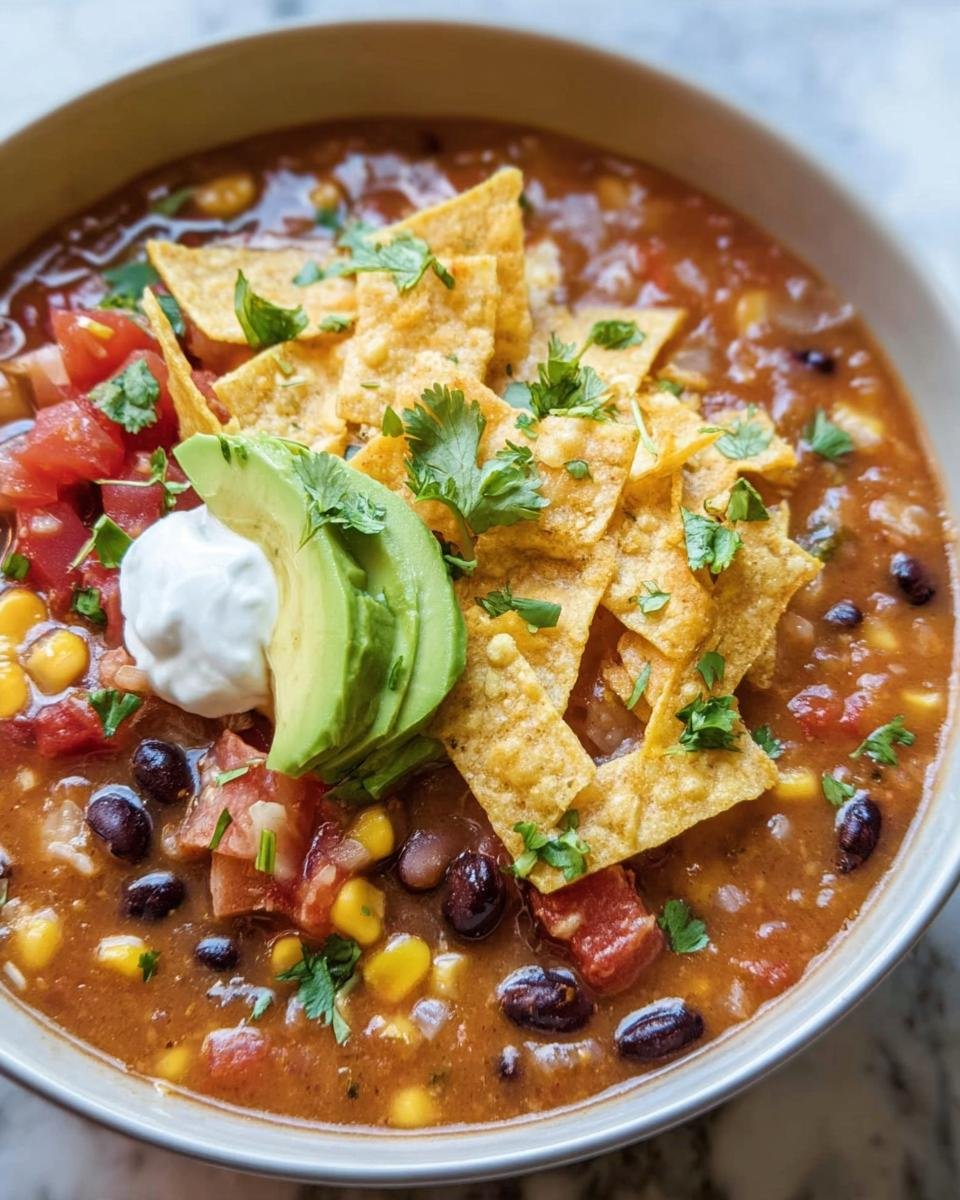 A bowl of Vegetarian Tortilla Soup, topped with tortilla chips, avocado, sour cream, and cilantro.