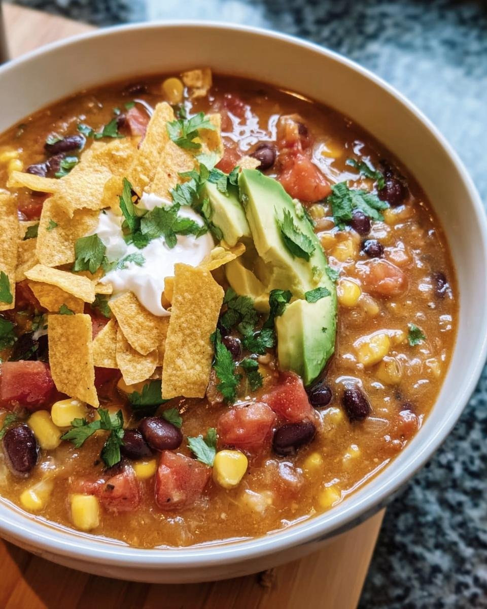 A bowl of hearty Vegetarian Tortilla Soup, topped with tortilla strips, avocado, sour cream, and cilantro.