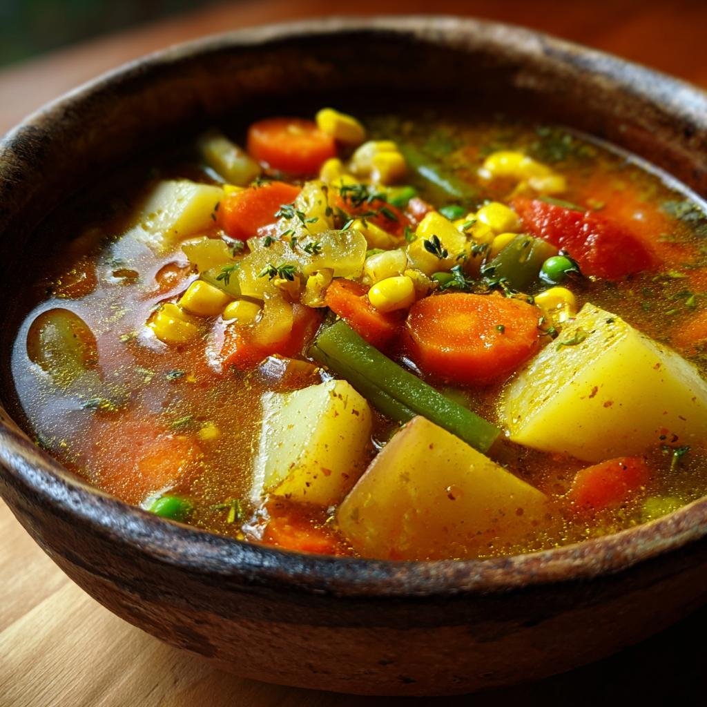 Close-up of a rustic bowl filled with hearty Winter Vegetable Soup, showcasing colorful vegetables and broth.