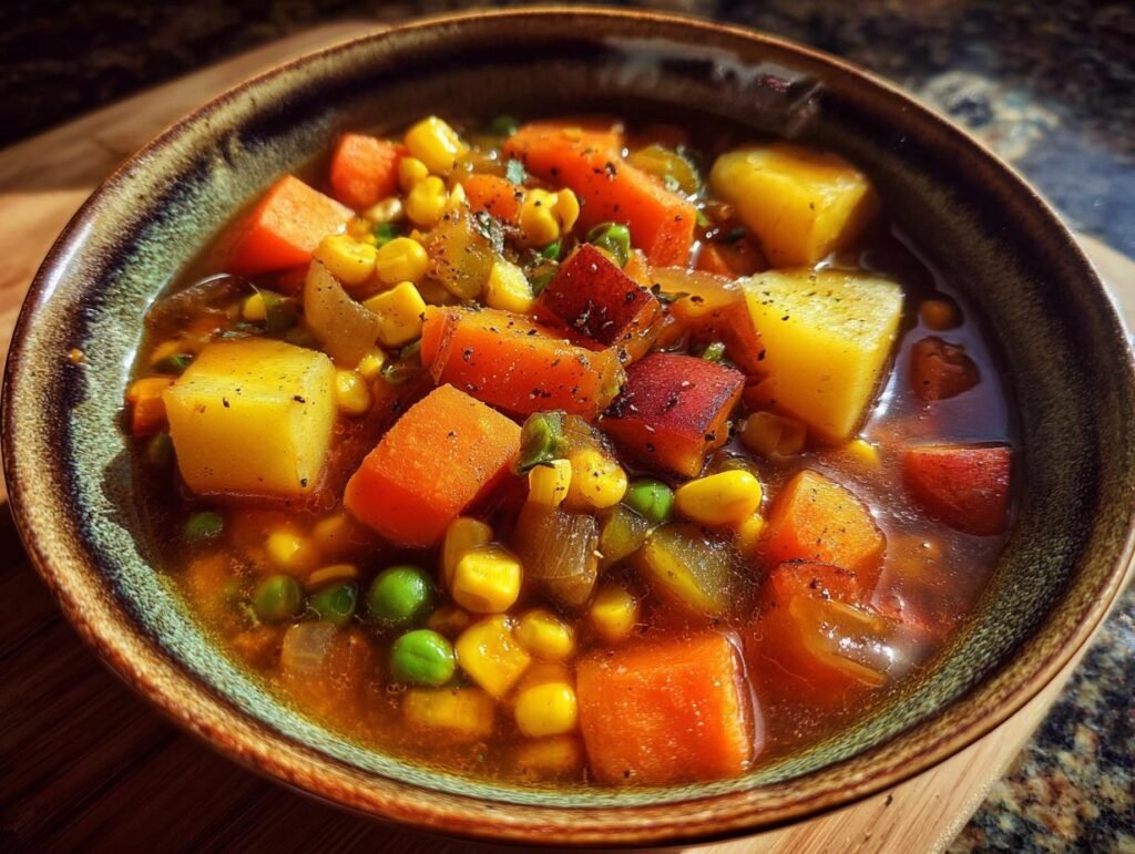A rustic bowl filled with hearty Winter Vegetable Soup, featuring carrots, potatoes, corn, and peas in a rich broth.