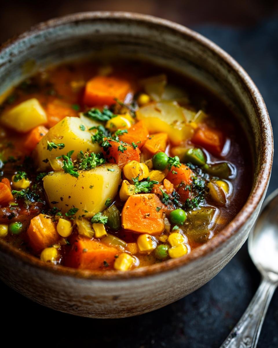 Close-up of a bowl of Winter Vegetable Soup, showcasing colorful vegetables and fresh herbs.
