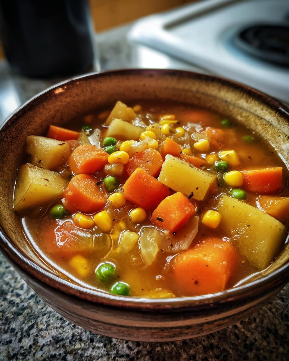 Close-up of a bowl of Winter Vegetable Soup, featuring carrots, potatoes, corn, and peas in a savory broth.