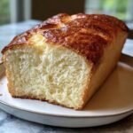 Close-up of a golden-brown Yogurt Bread Recipe loaf on a plate, showing the soft, airy crumb.