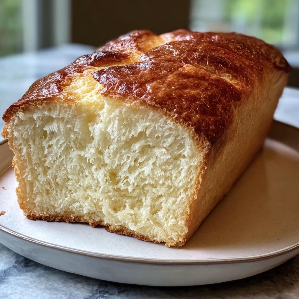 Close-up of a golden-brown Yogurt Bread Recipe loaf on a plate, showing the soft, airy crumb.