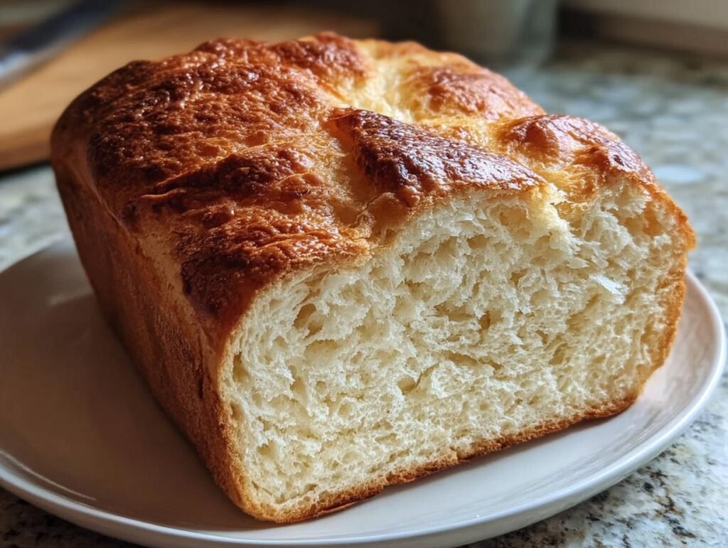 Close-up of a freshly baked loaf of Yogurt Bread Recipe with a golden crust, sitting on a white plate.