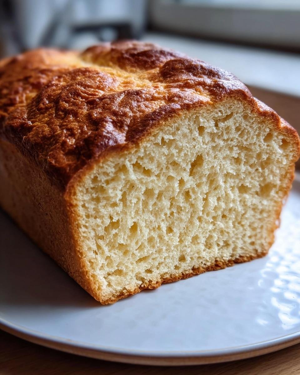 Close-up of a sliced loaf of Yogurt Bread Recipe, showing the soft interior and golden crust.
