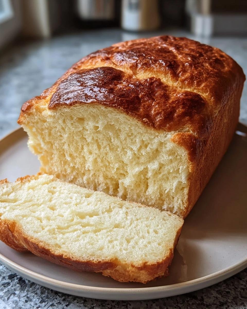A loaf of golden brown Yogurt Bread Recipe with a slice cut, showing the soft, airy texture.