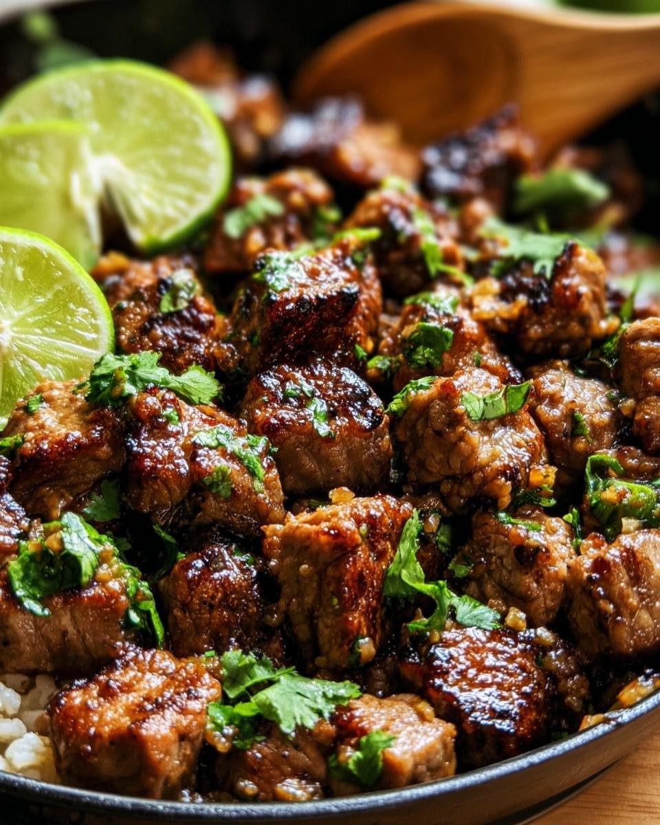 Close-up of zesty ginger lime pork cubes garnished with fresh cilantro and lime wedges.