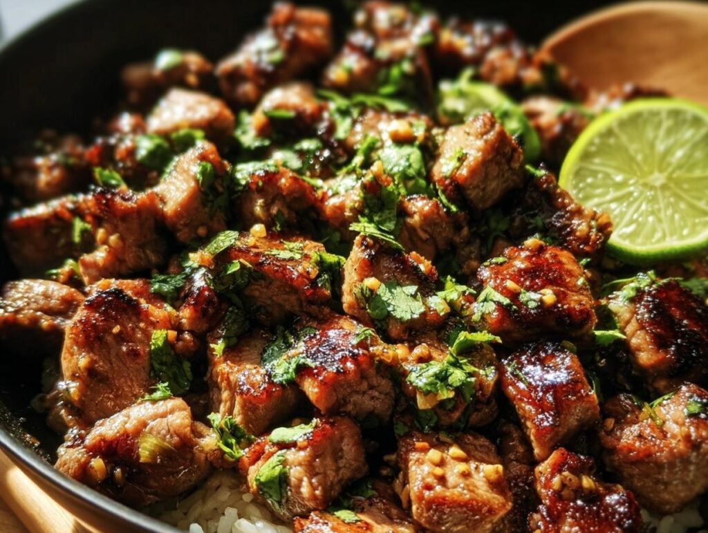 Close-up of Zesty Ginger Lime Pork dish with fresh cilantro and a lime wedge, served over rice.