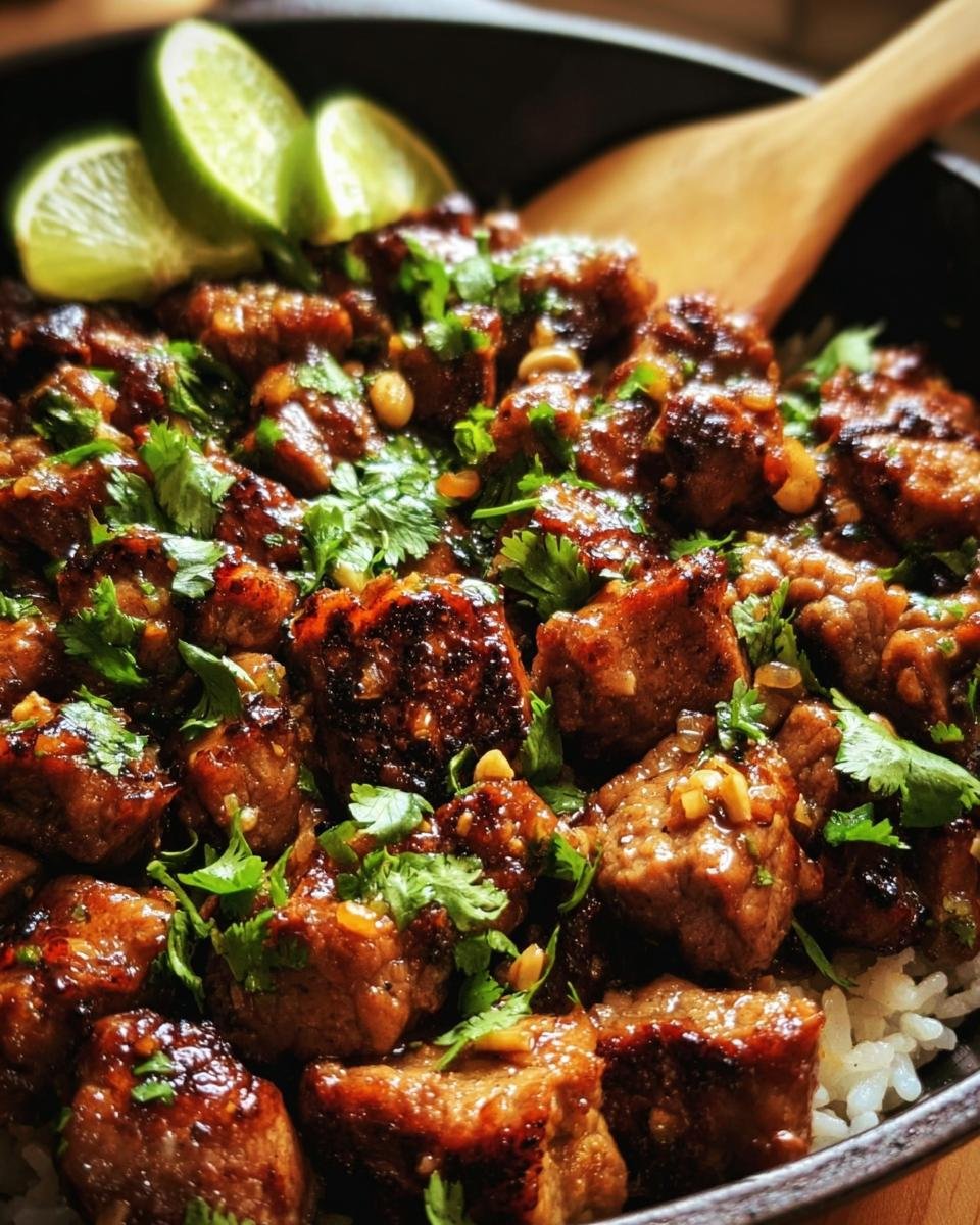 Close-up of Zesty Ginger Lime Pork served over rice, garnished with cilantro and lime wedges.