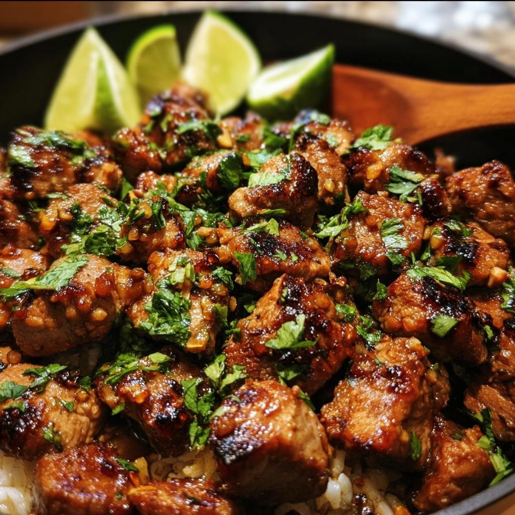 A bowl of zesty ginger lime pork with rice, garnished with fresh cilantro and lime wedges.