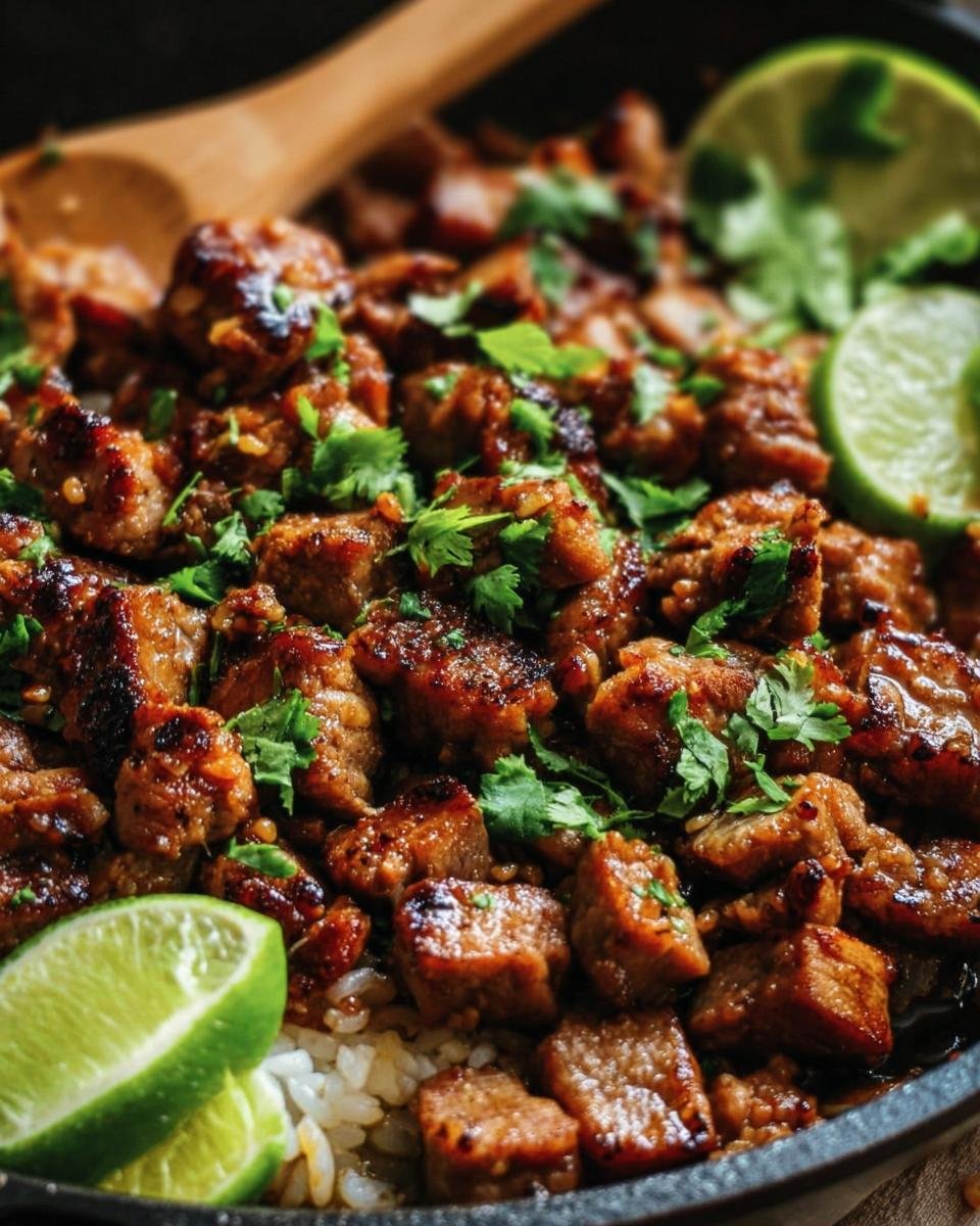 Close-up of Zesty Ginger Lime Pork dish with cilantro, lime wedges, and rice.
