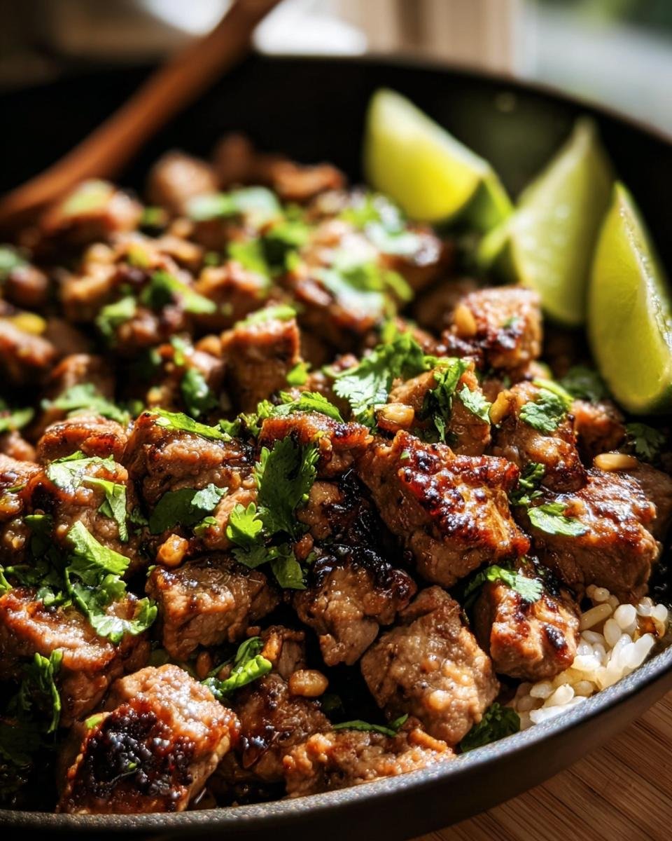 Close-up of Zesty Ginger Lime Pork served over rice, garnished with fresh cilantro and lime wedges.
