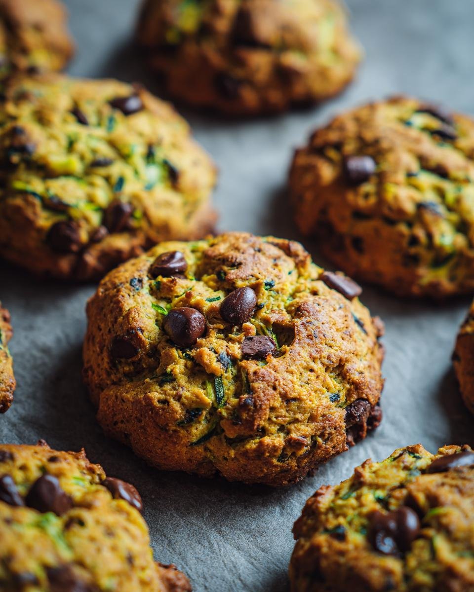 Close-up of homemade Zucchini Cookies with chocolate chips on a baking sheet, ready to eat.