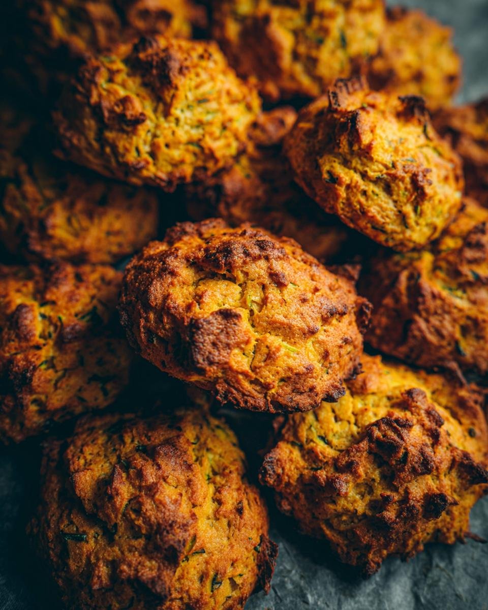 A close-up of a pile of golden brown Zucchini Cookies, fresh from the oven.