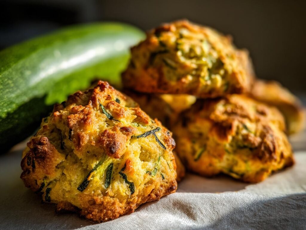 A stack of golden brown zucchini cookies, with a fresh zucchini in the background.