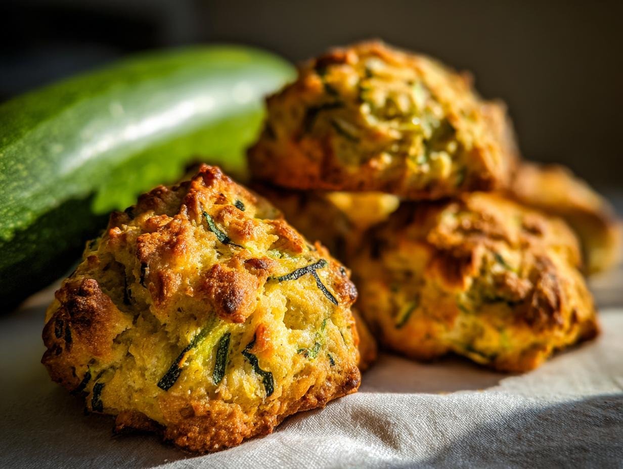 A stack of golden brown zucchini cookies, with a fresh zucchini in the background.
