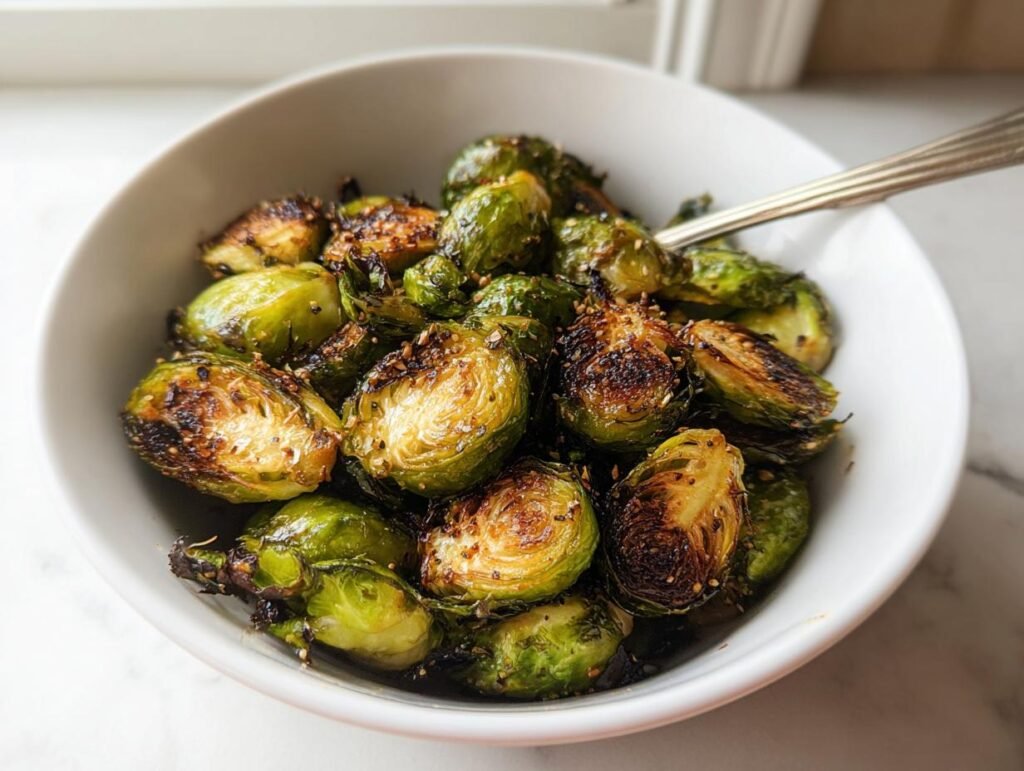 Close-up of perfectly crispy Air Fryer Brussels Sprouts seasoned and served in a white bowl.