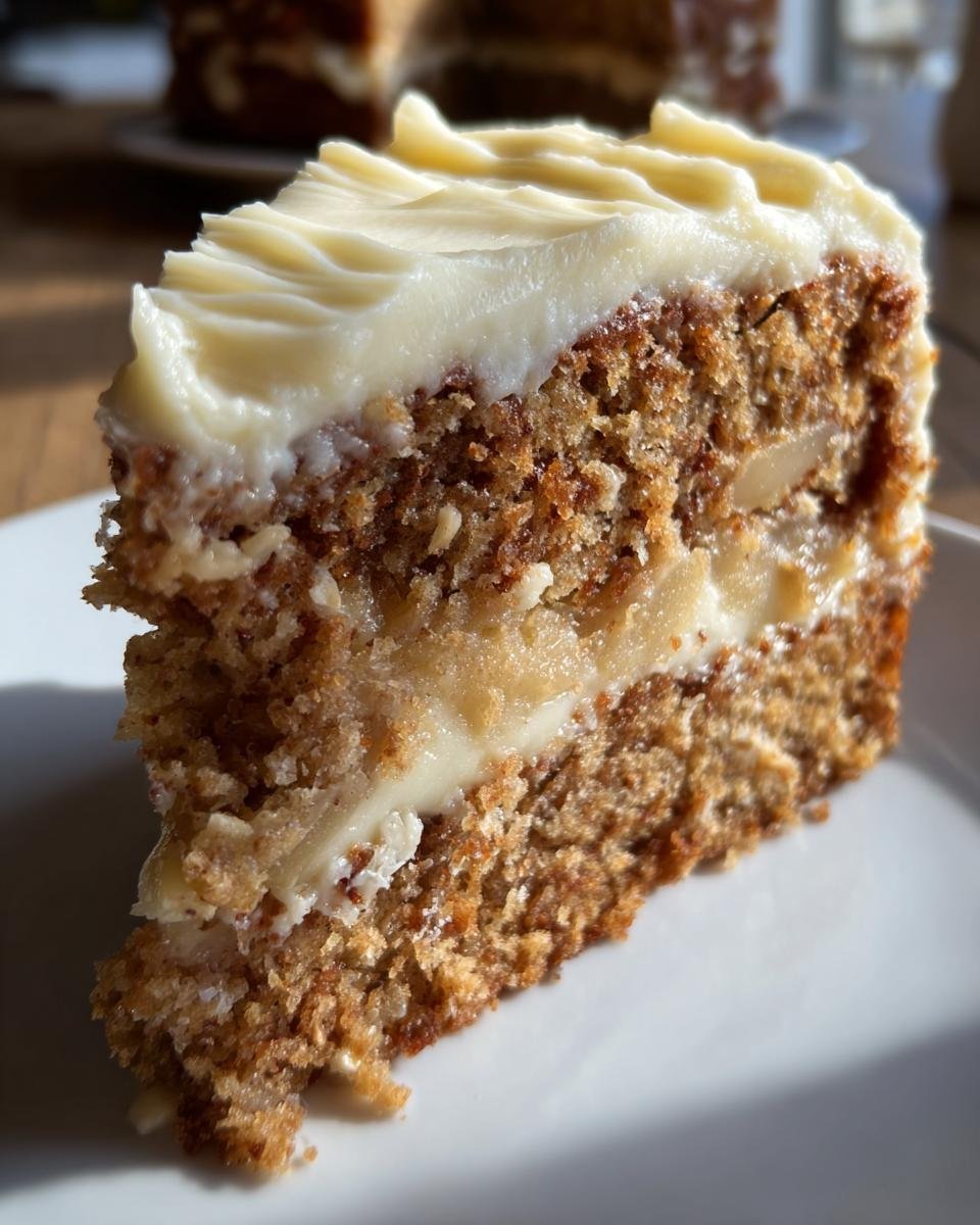 A delicious slice of Apple Cake with Cream Cheese frosting, showcasing the layers and texture.
