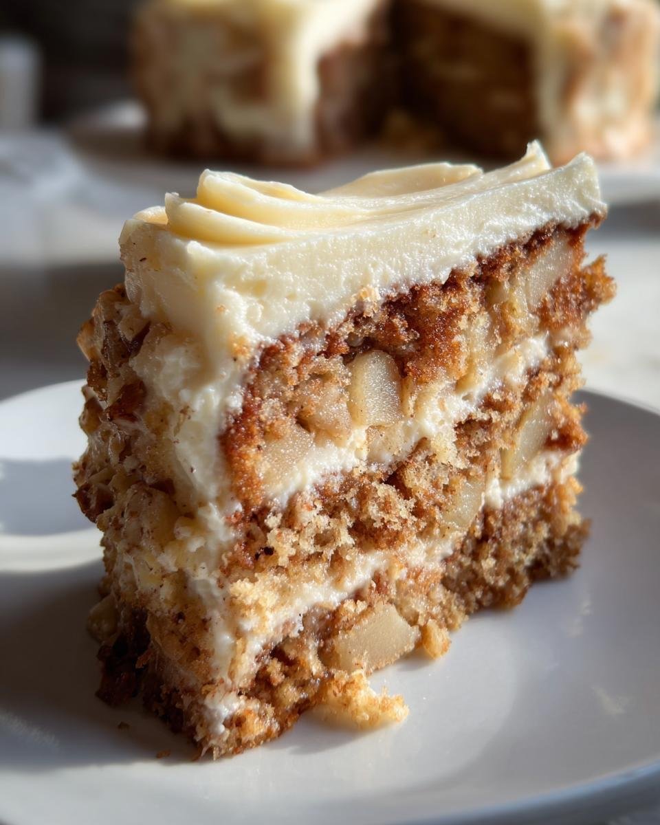 A slice of Apple Cake with Cream Cheese frosting, showcasing the apple chunks and moist cake layers.