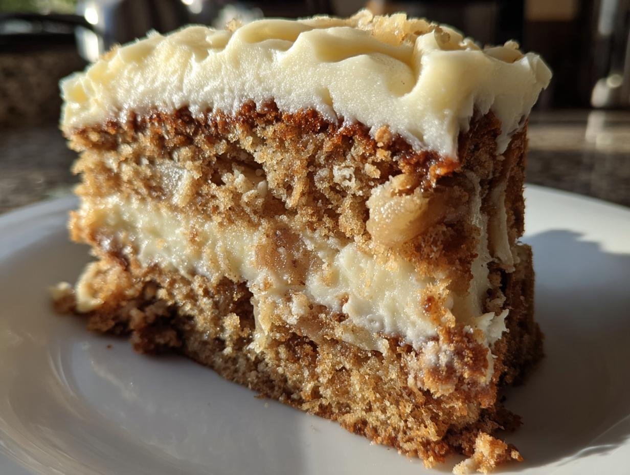 A delicious slice of Apple Cake with Cream Cheese frosting, showing layers of cake and creamy filling.