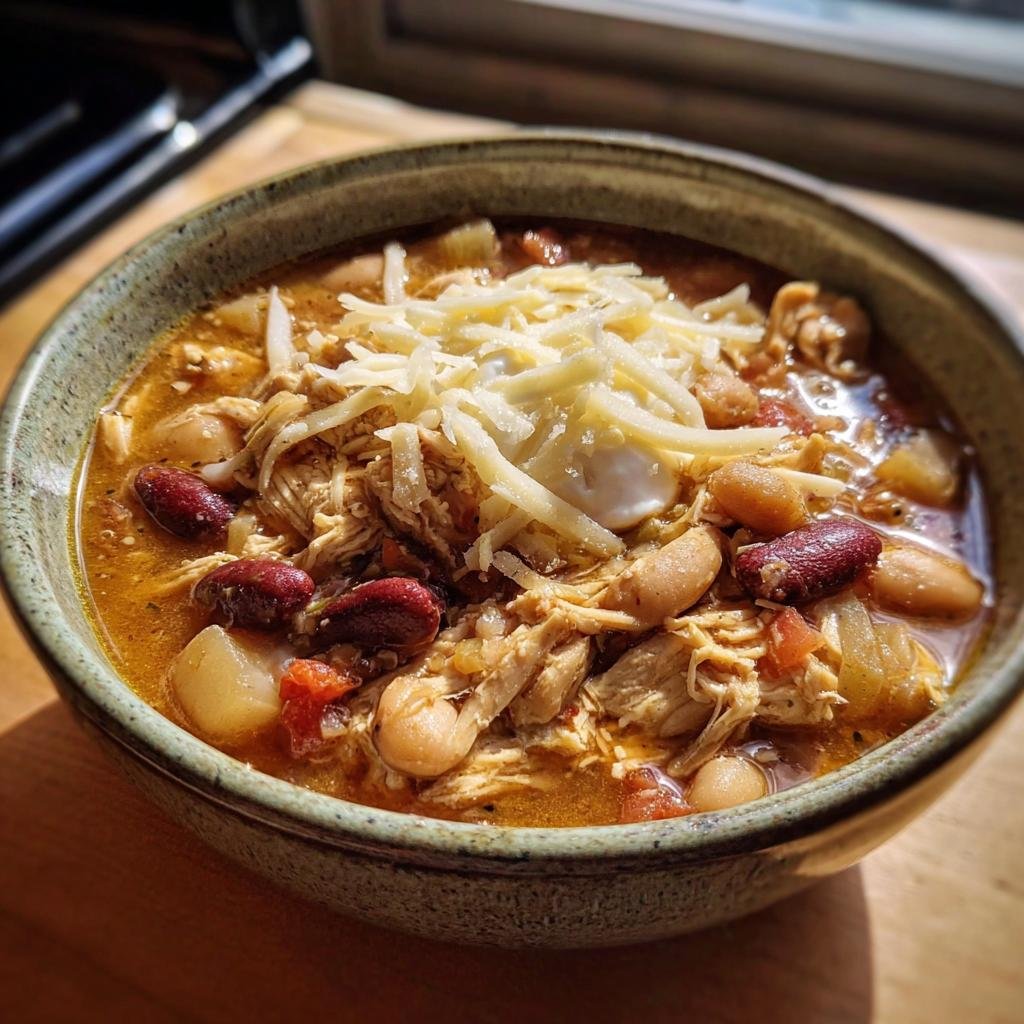 Close-up of a hearty bowl of Apple Chicken Chili topped with shredded cheese and a dollop of sour cream.