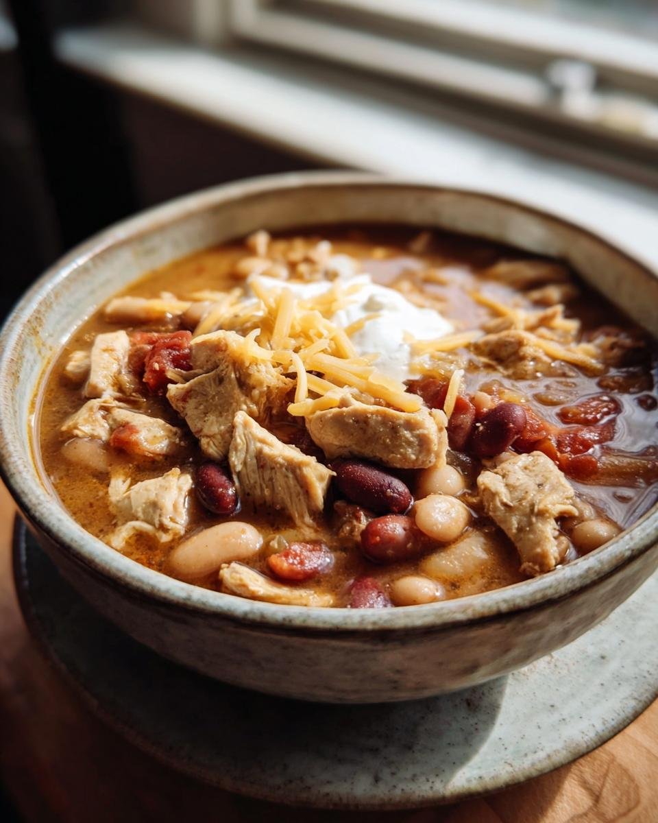Close-up of a hearty bowl of Apple Chicken Chili topped with sour cream and shredded cheese.