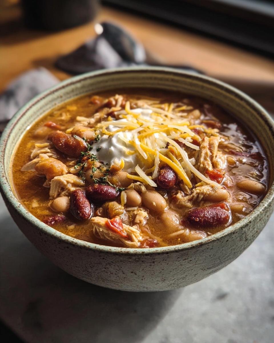 Close-up of a bowl of Apple Chicken Chili topped with shredded cheese, sour cream, and thyme.
