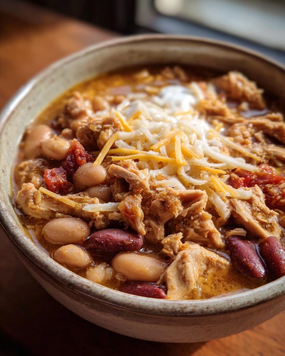 Close-up of a bowl of Apple Chicken Chili topped with shredded cheese and sour cream.