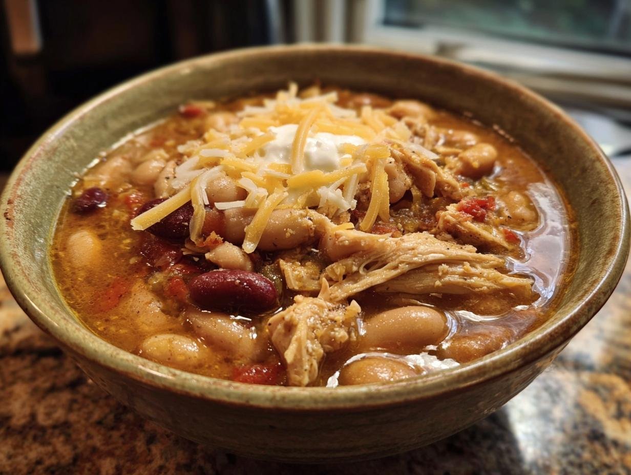 A close-up of a bowl of Apple Chicken Chili topped with shredded cheese and sour cream.
